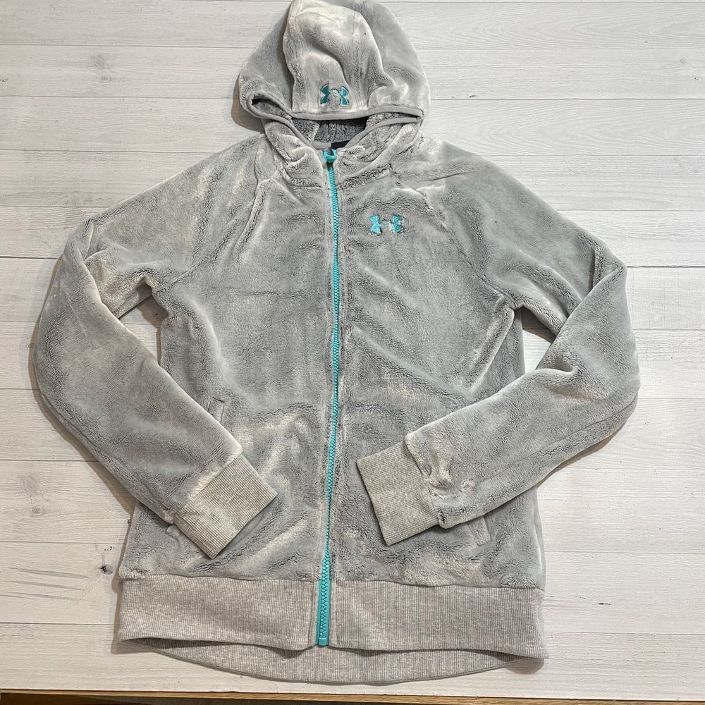 Under armour girls light grey plush fleece zip up sweater youth XL